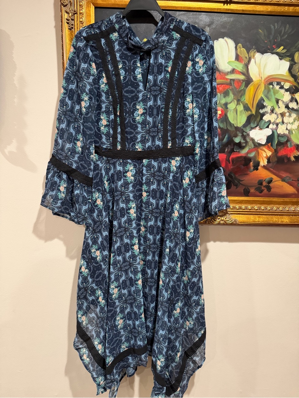 Modcloth Navy Blue Floral Lace-Trim Long Sleeve Dress